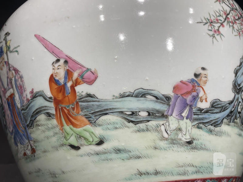 清光绪 洋彩宝相花桃村夜宴图双龙耳大尊 - 图7